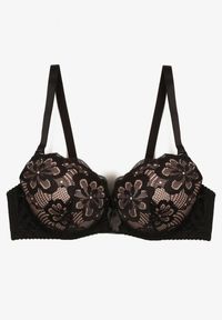 Renee - Czarno-Beżowy Biustonosz Push Up z Koronkowym Zdobieniem Ravgis. Kolor: czarny. Materiał: koronka. Rodzaj stanika: push-up. Wzór: aplikacja #3