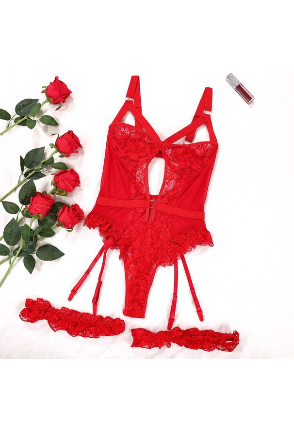 Intica - Body z koronką i podwiązkami na romantyczne wieczory Leftera. Kolor: czerwony. Materiał: koronka. Wzór: koronka