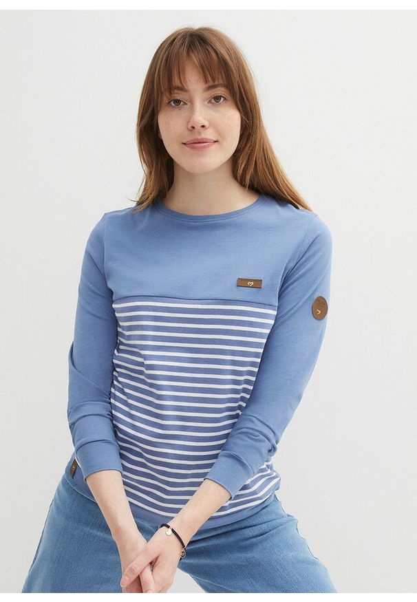 bonprix - Shirt z długim rękawem w paski, ze zrównoważonej bawełny. Kolor: niebieski. Materiał: bawełna. Długość rękawa: długi rękaw. Długość: długie. Wzór: paski