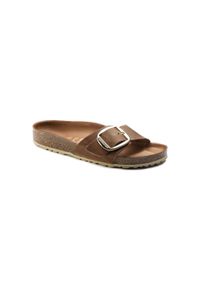 Klapki damskie Birkenstock Madrid Big Buckle Cognac Natural Leather. Okazja: na plażę. Kolor: brązowy, wielokolorowy, beżowy. Materiał: syntetyk, materiał. Styl: sportowy