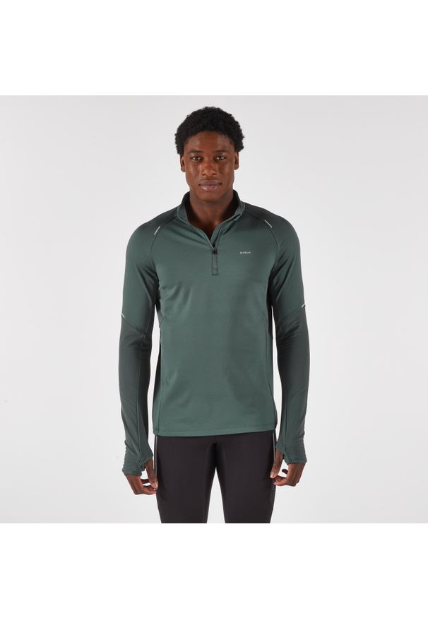KIPRUN - Bluza do biegania męska Kiprun Run 500 Warm ocieplana. Kolor: zielony. Materiał: poliester, materiał, elastan. Długość rękawa: długi rękaw. Długość: długie. Sport: bieganie