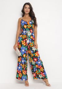 Born2be - Czarno-Niebieski Kombinezon na Cienkich Ramiączkach Wiązany w Pasie Ozdobiony Kwiatowym Printem Yahir. Kolor: czarny. Długość rękawa: na ramiączkach. Wzór: aplikacja, kwiaty, nadruk #2