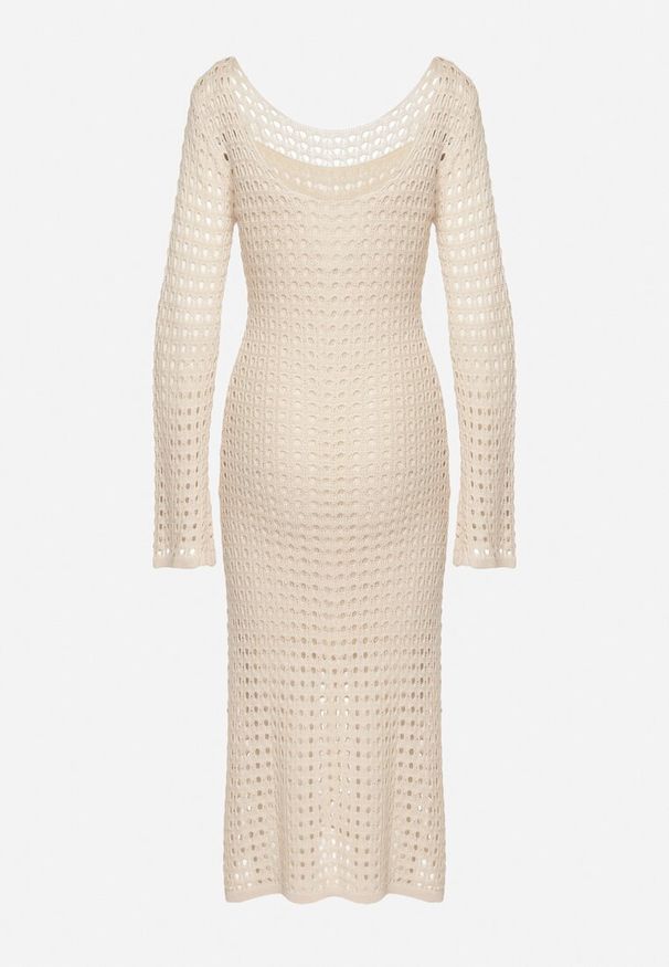 Born2be - Beżowa Dopasowana Sukienka Dzianinowa Midi z Głębokim Dekoltem na Plecach Morasha. Okazja: na co dzień. Typ kołnierza: dekolt na plecach. Kolor: beżowy. Materiał: dzianina. Długość rękawa: długi rękaw. Typ sukienki: proste, dopasowane. Styl: elegancki, casual. Długość: midi