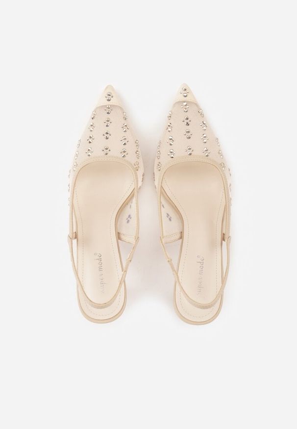 Born2be - Złote Siateczkowe Sandały Slingback na Szpilce z Cyrkoniami Eshirvyn. Okazja: na randkę. Kolor: złoty. Materiał: jeans, satyna. Obcas: na szpilce. Styl: elegancki