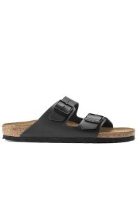 Klapki unisex Birkenstock Arizona 51191 - czarne. Okazja: na co dzień. Zapięcie: pasek. Kolor: czarny. Materiał: zamsz, skóra. Szerokość cholewki: normalna. Wzór: paski. Sezon: lato