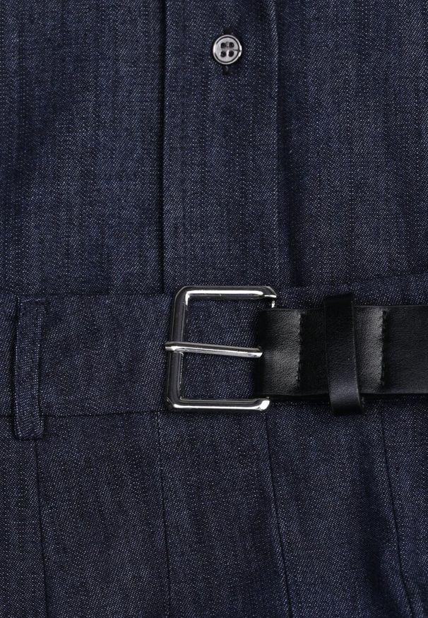 Renee - Granatowy Komplet z Bawełniano-Wiskozowej Imitacji Jeansu z Koszulą i Spódnicą z Paskiem Andaig. Kolor: niebieski. Materiał: wiskoza, jeans, bawełna