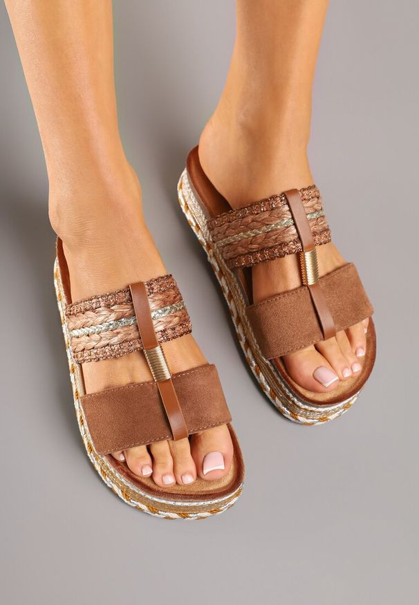 Renee - Brązowe Klapki z Plecionki na Niskiej Platformie Korbia. Okazja: na co dzień, na spacer. Kolor: brązowy. Materiał: jeans. Wzór: paski. Sezon: lato. Obcas: na platformie. Styl: casual