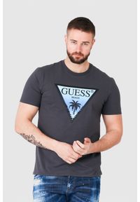 Guess - GUESS Grafitowy t-shirt męski z logo z palmą, Rozmiar M. Kolor: szary. Wzór: nadruk #1