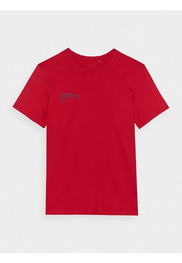 4f - T-shirt z nadrukiem męski - czerwony. Okazja: na co dzień. Kolor: czerwony. Materiał: dzianina, jersey, bawełna. Długość rękawa: krótki rękaw. Długość: krótkie. Wzór: nadruk. Styl: sportowy, casual
