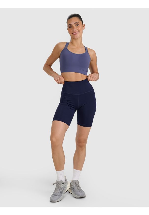 4f - 4F Legginsy kolarki treningowe damskie - granatowe XS. Stan: podwyższony. Kolor: niebieski. Materiał: materiał, elastan, syntetyk, włókno, dzianina. Długość: krótkie. Wzór: gładki, ze splotem. Sport: fitness