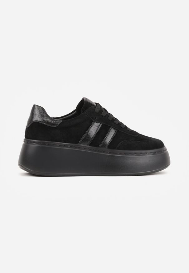 Born2be - Czarne Zamszowe Sneakersy na Grubej Podeszwie ze Skórzaną Wkładką Riovessa. Kolor: czarny. Materiał: zamsz, skóra
