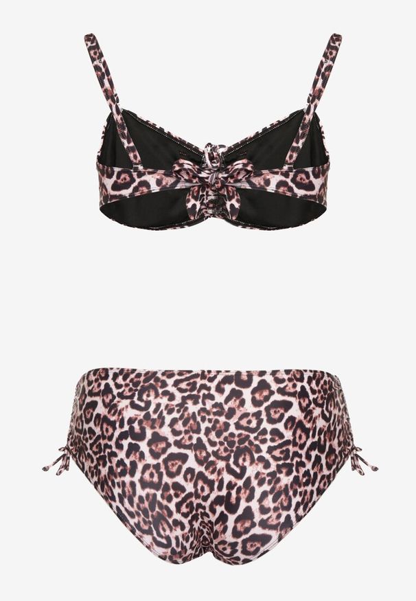 Born2be - Brązowe Bikini Biustonosz z Wiązaniem i Majtki Figi ze Ściągaczami Uloselia. Kolekcja: plus size. Kolor: brązowy. Wzór: motyw zwierzęcy, ażurowy