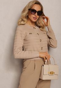 Renee - Beżowy Kardigan Zapinany na Napy Cherrina. Kolor: beżowy. Materiał: dzianina, tkanina. Wzór: ze splotem #4