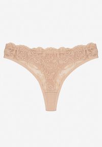 Renee - Beżowe Bawełniane Majtki Stringi z Koronką Ilwedana. Kolor: beżowy. Materiał: bawełna, koronka. Wzór: koronka #1
