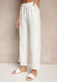 Renee - Białe Spodnie High Waist ze Sznurkiem Savurelle. Okazja: na co dzień. Stan: podwyższony. Kolor: biały. Wzór: aplikacja. Styl: sportowy, casual