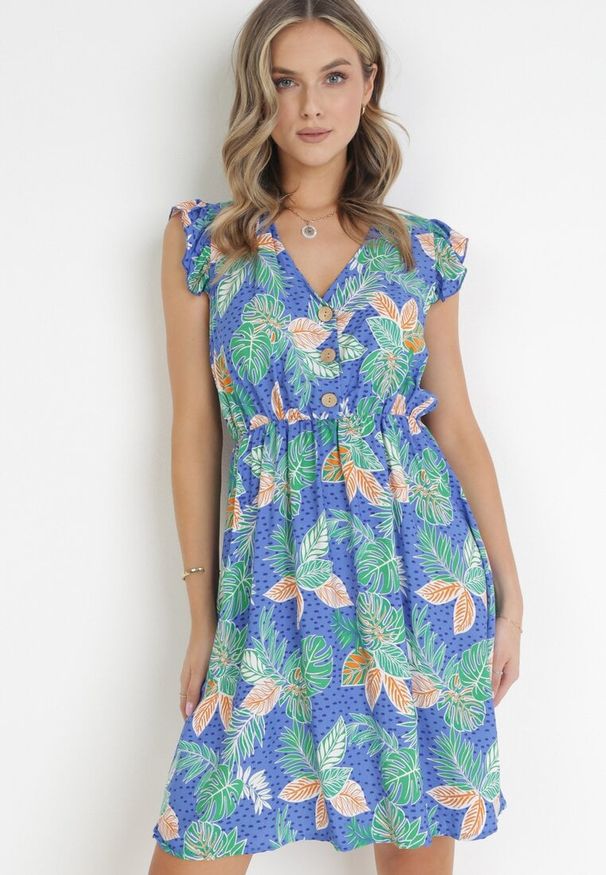 Born2be - Niebieska Sukienka Mini z Gumką w Talii i Falbankami z Wiskozy Calanna. Typ kołnierza: kołnierz z falbankami. Kolor: niebieski. Materiał: wiskoza. Sezon: wiosna, lato. Długość: mini