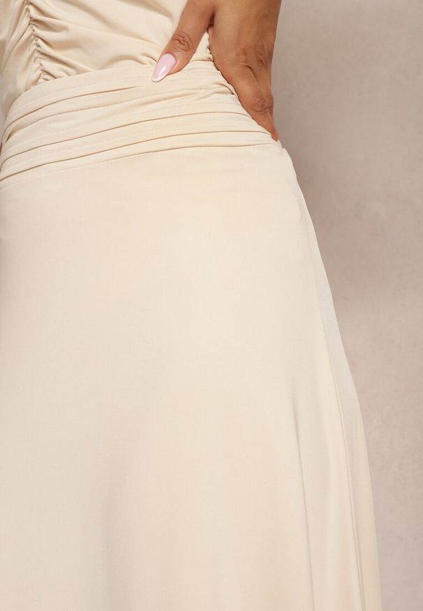 Renee - Beżowa Rozkloszowana Spódnica High Waist z Marszczeniem w Pasie Nolisea. Stan: podwyższony. Kolor: beżowy. Materiał: tkanina