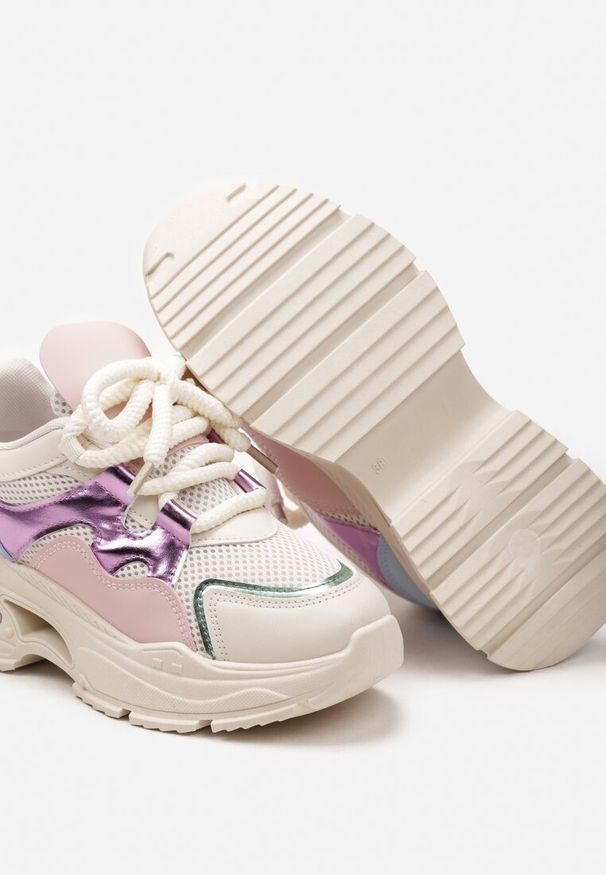 Born2be - Beżowe Sneakersy na Grubej Podeszwie z Ozdobnymi Sznurówkami Robella. Okazja: na co dzień. Kolor: beżowy. Wzór: ze splotem