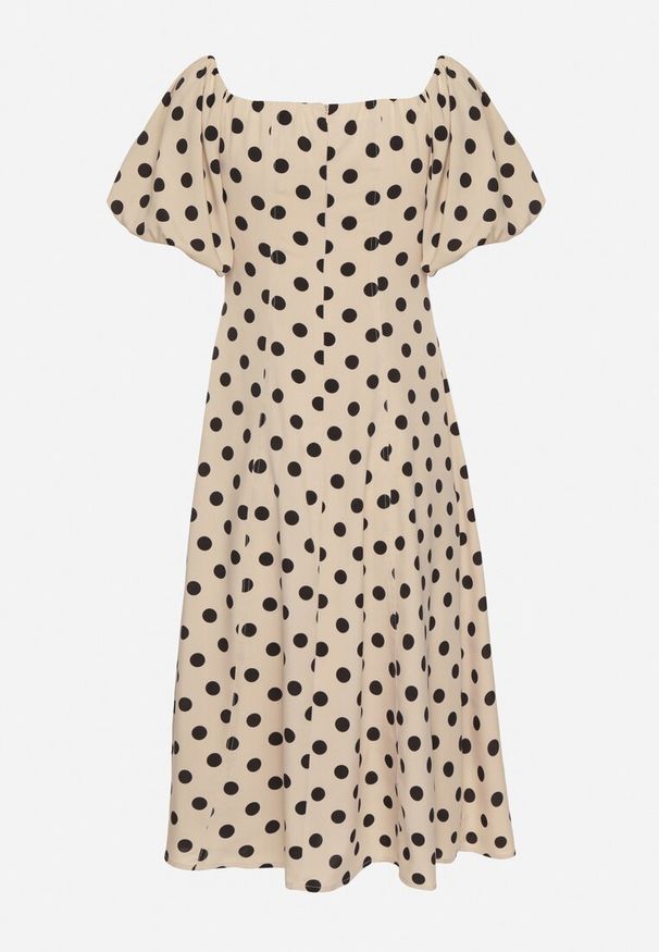 Born2be - Beżowa Rozkloszowana Sukienka Vices w Grochy z Dekoltem Typu Hiszpanka Zimina. Okazja: na co dzień. Typ kołnierza: dekolt hiszpanka. Kolor: beżowy. Materiał: materiał, skóra. Wzór: grochy. Typ sukienki: proste. Styl: casual, klasyczny