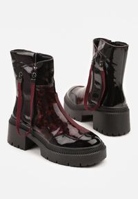 Born2be - Czarno-Bordowe Lakierowane Botki Vices z Ozdobną Tasiemką Rivavie. Okazja: na co dzień. Kolor: czarny. Materiał: lakier. Styl: casual, elegancki