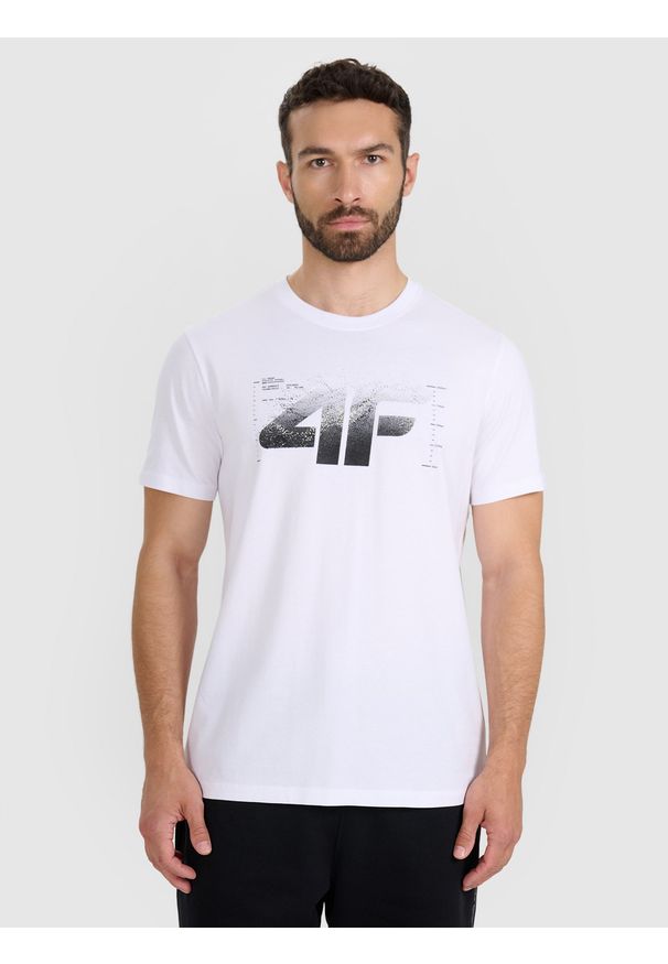 4f - 4F T-shirt regular z nadrukiem męski - biały S. Okazja: na co dzień. Kolor: biały. Materiał: bawełna, materiał, jersey. Długość rękawa: krótki rękaw. Długość: krótkie. Wzór: nadruk. Styl: klasyczny, casual, sportowy