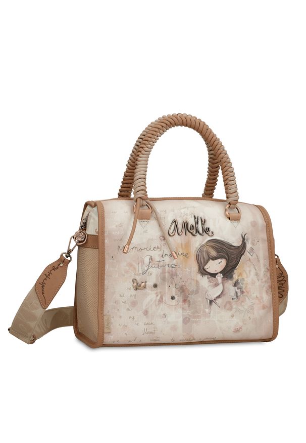 Beżowa Torebka Anekke Stylowy Kuferek Damski. Kolor: beżowy. Wzór: haft. Dodatki: z haftem. Styl: elegancki. Rodzaj torebki: na ramię