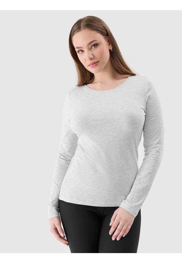 4f - Longsleeve slim gładki damski - szary. Okazja: na co dzień. Kolor: szary. Materiał: jersey, materiał, bawełna, elastan, dzianina. Długość rękawa: długi rękaw. Długość: długie. Wzór: gładki. Styl: sportowy, casual