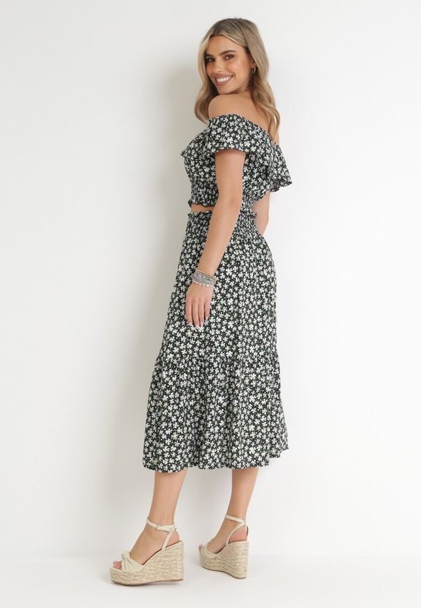 Born2be - Czarny 2-częściowy Bawełniany Komplet ze Spódnicą i Topem Hiszpanka Ollija. Kolor: czarny. Materiał: bawełna. Wzór: kwiaty