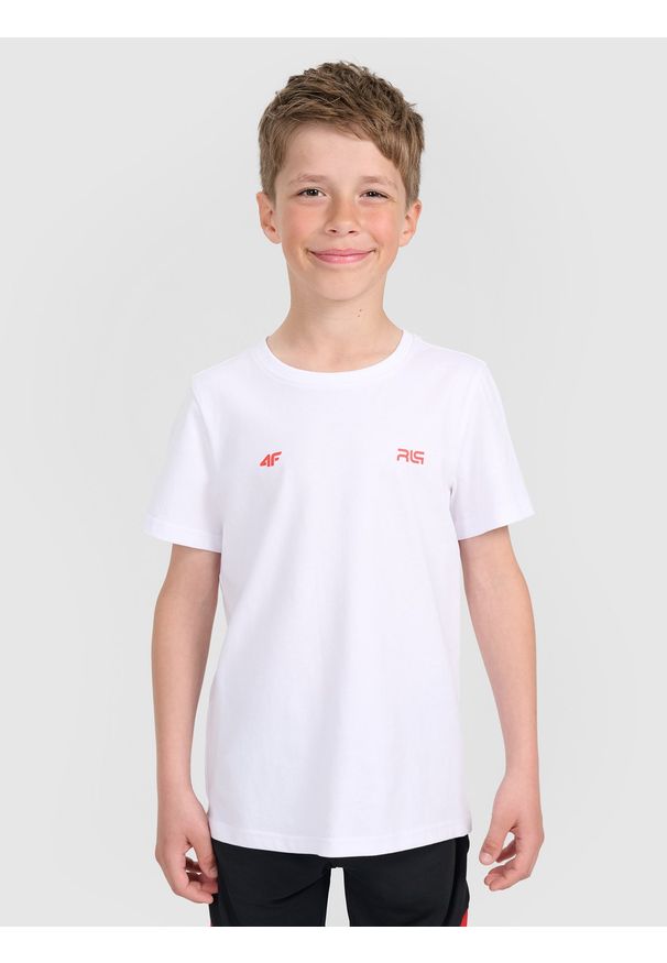 4f - 4F T-shirt regular z nadrukiem dziecięcy 4F JUNIOR x Robert Lewandowski - biały 128 (7-8 lat). Kolor: biały. Materiał: bawełna, materiał. Wzór: nadruk. Sezon: lato. Styl: sportowy, młodzieżowy