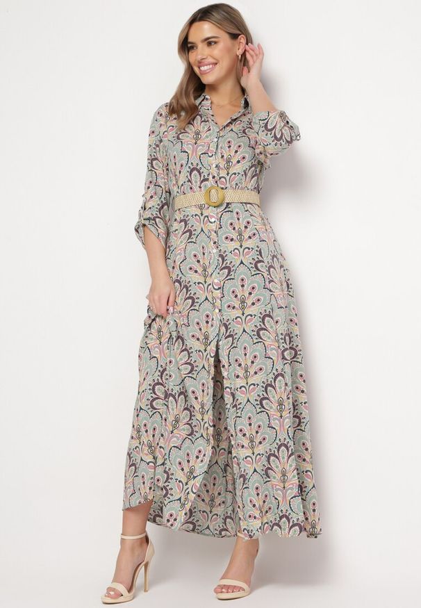 Born2be - Miętowo-Różowa Sukienka z Guzikami i Plecionym Paskiem z Klamrą Aralty. Kolor: miętowy. Długość rękawa: długi rękaw. Sezon: wiosna, lato. Typ sukienki: koszulowe