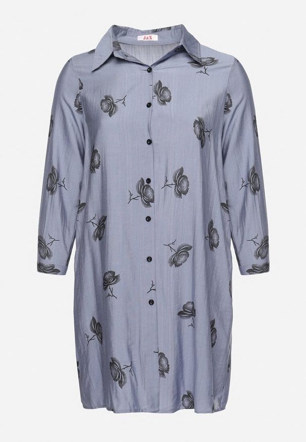 Born2be - Granatowa Koszulowa Sukienka z Guzikami i Regulowanymi Rękawami Xatella. Kolekcja: plus size. Kolor: niebieski. Wzór: kwiaty. Typ sukienki: koszulowe