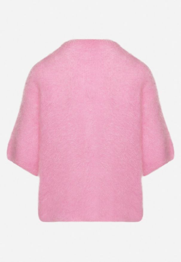 Born2be - Różowy Moherowy Sweter o Kroju Nietoperza z Rękawami 3/4 Eleanira. Okazja: na co dzień. Kolor: różowy. Materiał: moher. Wzór: aplikacja, ze splotem. Sezon: jesień, zima. Styl: klasyczny, elegancki, casual