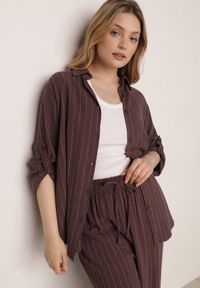 Born2be - Brązowy Wiskozowo-Lniany Komplet w Paski Koszula i Szerokie Spodnie Terasea. Kolor: brązowy. Materiał: wiskoza, len. Wzór: paski #8