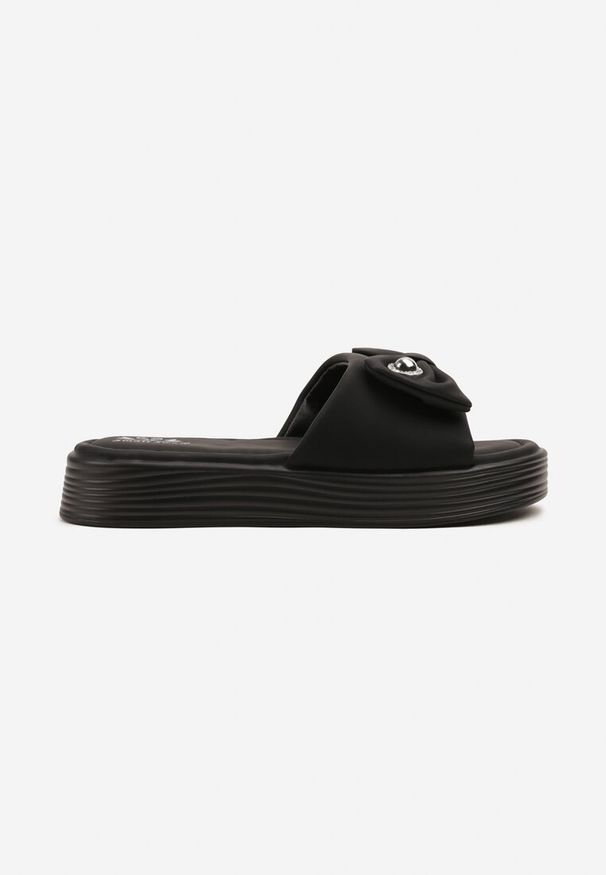 Born2be - Czarne Klapki na Grubej Podeszwie z Kokardką Meradriella. Kolor: czarny. Wzór: aplikacja. Styl: elegancki