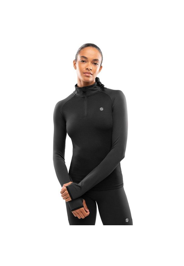 SIROKO - Damska bluza do biegania z suwakiem pod szyją Fitness Siroko Center Black. Kolor: czarny. Materiał: tkanina. Długość: krótkie. Sport: fitness