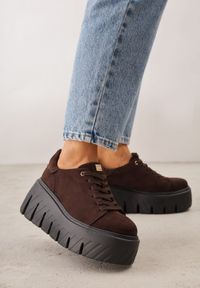 Renee - Brązowe Sneakersy VICES na Platformie Typu Chunky Tassi. Zapięcie: sznurówki. Kolor: brązowy. Materiał: jeans, dzianina. Obcas: na platformie #1