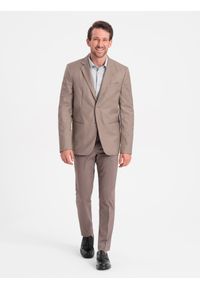 Ombre Clothing - Męska klasyczna marynarka z kieszenią na poszetkę - beżowa V3 - Rozmiar: M. Kolor: beżowy. Materiał: poliester. Styl: klasyczny