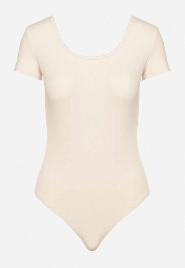 Born2be - Beżowe Bawełniane Body z Prążkowanego Materiału Jublea. Okazja: na spotkanie biznesowe, do pracy. Kolor: beżowy. Materiał: bawełna, materiał, prążkowany. Długość rękawa: krótki rękaw. Długość: krótkie. Styl: biznesowy, elegancki