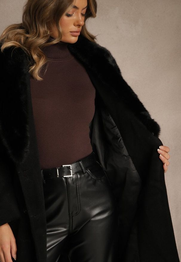 Renee - Czarny Dwurzędowy Płaszcz Elegancki z Futrzanym Kołnierzem i Paskiem Ezanttia. Okazja: na co dzień. Kolor: czarny. Materiał: futro. Długość rękawa: długi rękaw. Długość: długie. Sezon: zima, jesień. Styl: elegancki