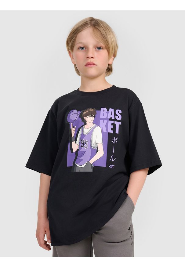 4f - 4F T-shirt oversize z nadrukiem chłopięcy - czarny 158 (12-13 lat). Okazja: na co dzień. Kolor: czarny. Materiał: jersey, bawełna, materiał. Wzór: nadruk. Sezon: lato. Styl: sportowy, klasyczny, casual