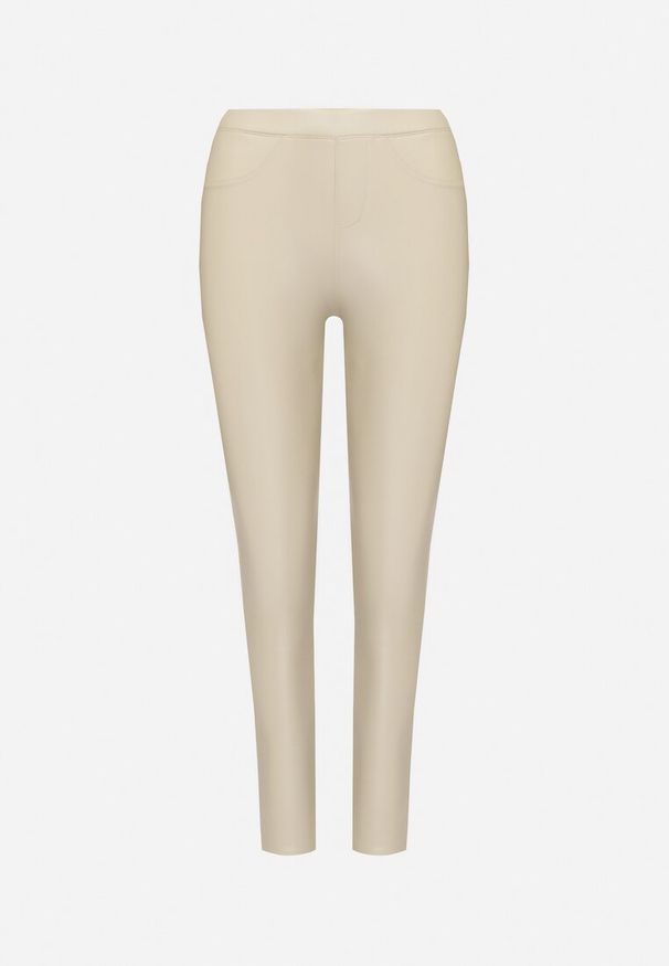 Born2be - Jasnobeżowe Legginsy z Ekoskóry z Wysokim Stanem i Imitacją Kieszeni Merievia. Okazja: na co dzień. Stan: podwyższony. Kolor: beżowy. Sezon: zima. Styl: klasyczny, casual, elegancki