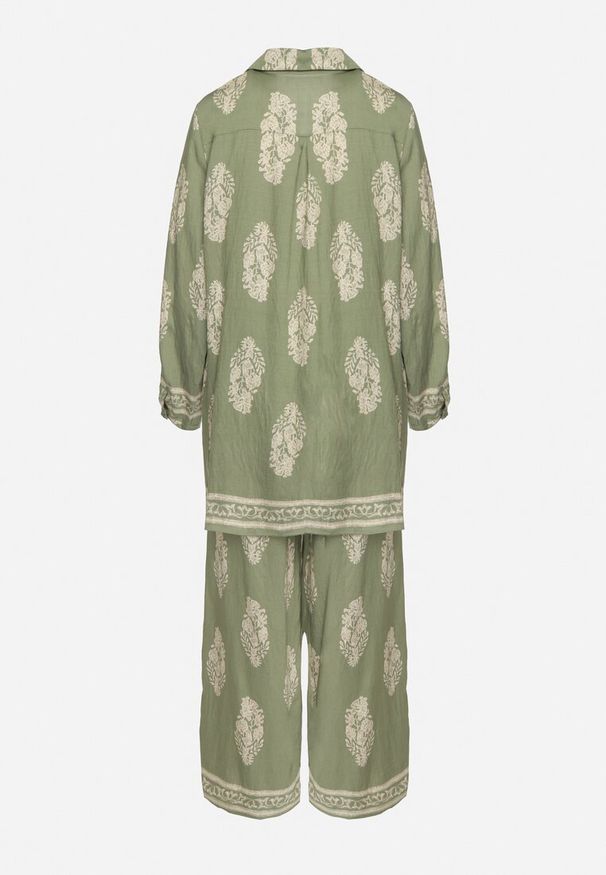 Born2be - Zielony Komplet w Stylu Boho Oversize Długa Koszula i Luźne Spodnie Meppina. Kolor: zielony. Materiał: skóra