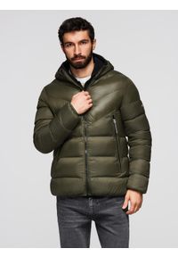 Ombre Clothing - Pikowana nowoczesna kurtka męska z łączonych materiałów – ciemnooliwkowa V3 - Rozmiar: XXL. Typ kołnierza: kołnierzyk stójkowy. Kolor: oliwkowy. Materiał: materiał. Długość: długie #1