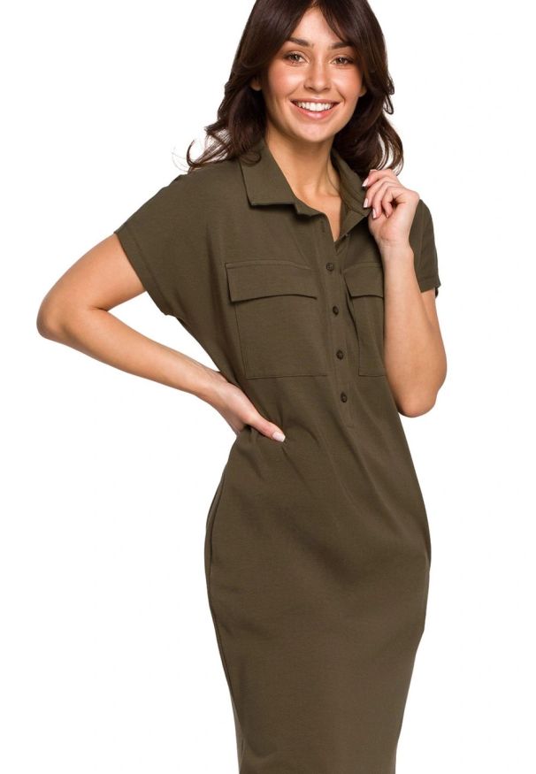 BeWear - Sukienka koszulowa szmizjerka z kołnierzykiem zielona bawełna. Okazja: do pracy. Kolor: zielony. Materiał: bawełna. Typ sukienki: szmizjerki, koszulowe