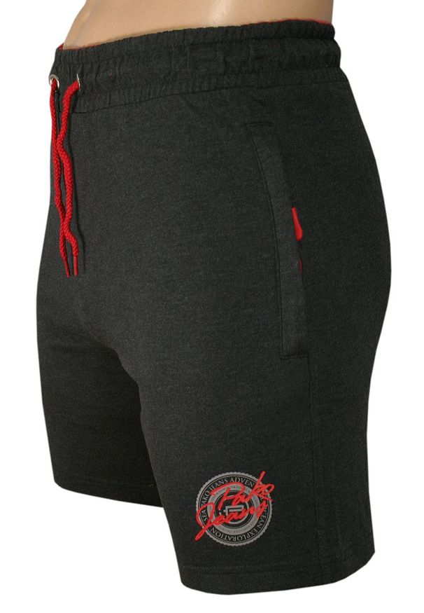 Pako Jeans - Grafitowo-Czerwone Męskie Spodenki, Szorty, Dresowe -PAKO JEANS- Bawełniane, Kieszonki z Zamkami. Kolor: szary, czerwony, wielokolorowy. Materiał: bawełna. Długość: krótkie. Sezon: lato. Styl: sportowy
