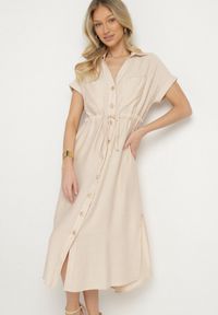Born2be - Beżowa Sukienka Koszulowa z Wiskozy Wiązana w Pasie Florazi. Okazja: na co dzień. Typ kołnierza: dekolt w serek. Kolor: beżowy. Materiał: wiskoza. Długość rękawa: krótki rękaw. Typ sukienki: koszulowe. Styl: casual, elegancki. Długość: midi #1
