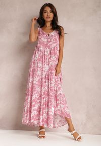 Renee - Różowa Sukienka Fumezi. Kolor: różowy. Materiał: tkanina. Długość rękawa: na ramiączkach. Wzór: aplikacja. Styl: klasyczny. Długość: maxi #1
