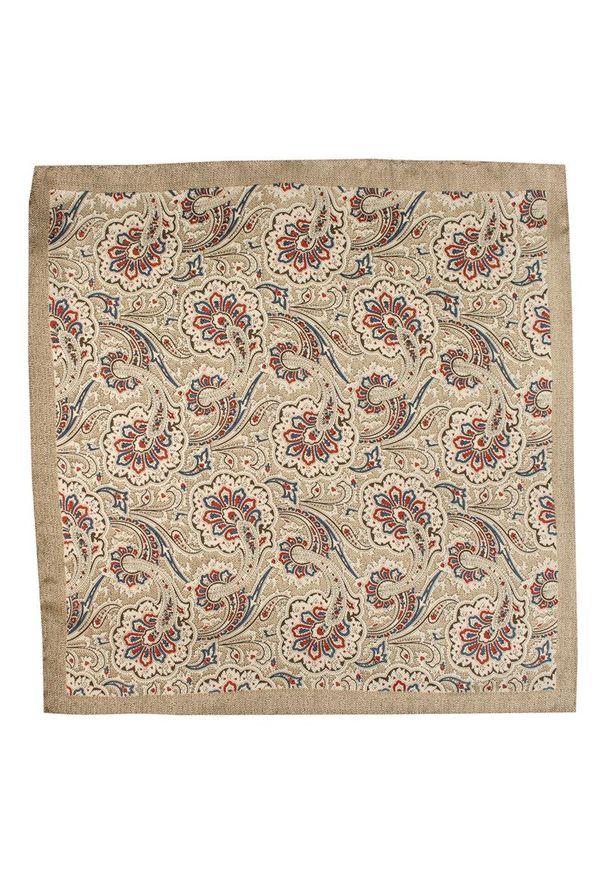 Beżowa Jedwabna Elegancka Męska Poszetka -EM Men's Accessories- Chusteczka, Wzór Orientalny. Kolor: beżowy, brązowy, wielokolorowy. Materiał: jedwab