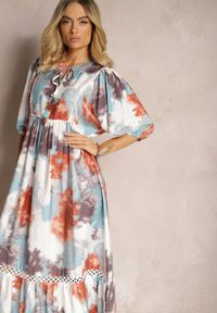 Renee - Beżowa Sukienka w Stylu Boho z Krótkim Rękawem z Falbanką i Rękawem 3/4 Valendra. Okazja: na co dzień, na imprezę. Typ kołnierza: dekolt w serek. Kolekcja: plus size. Kolor: biały. Typ sukienki: dla puszystych. Materiał: materiał. Długość rękawa: krótki rękaw. Sezon: lato. Styl: boho #5