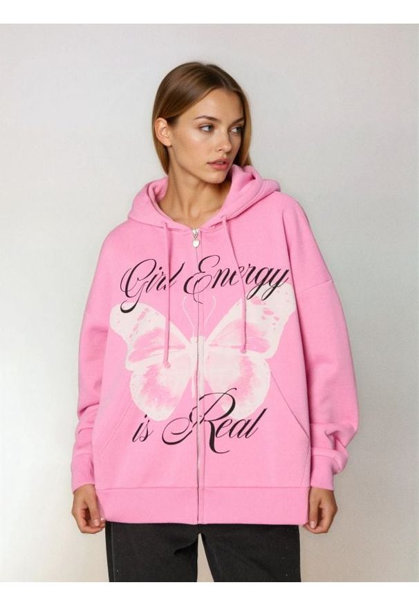 Sinsay - Bluza zip hoodie z nadrukiem - różowy. Kolor: różowy. Wzór: nadruk